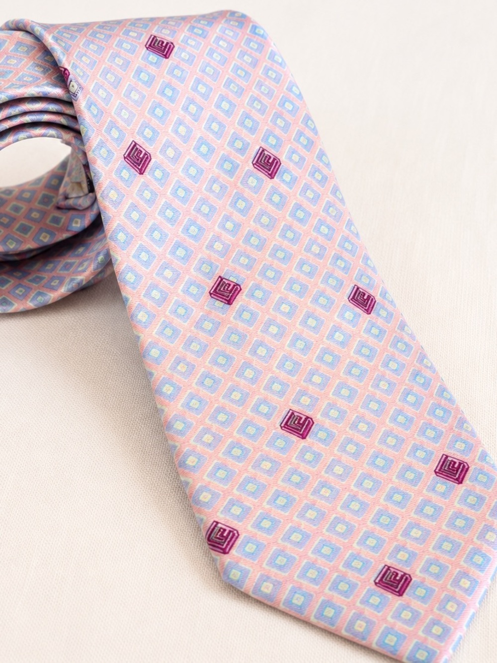 Gianni Versace Silk Tie Pink Blue Geometric Designer Necktie Made in Italy